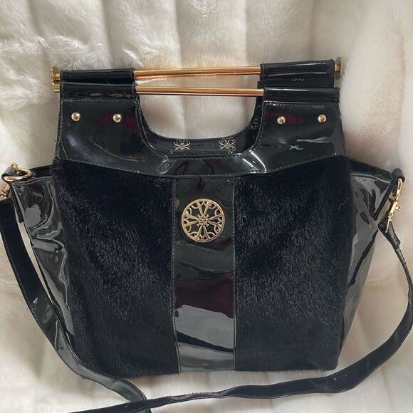 Avon the collection black velour and patent handbag bag with gold accents. - Picture 3 of 11
